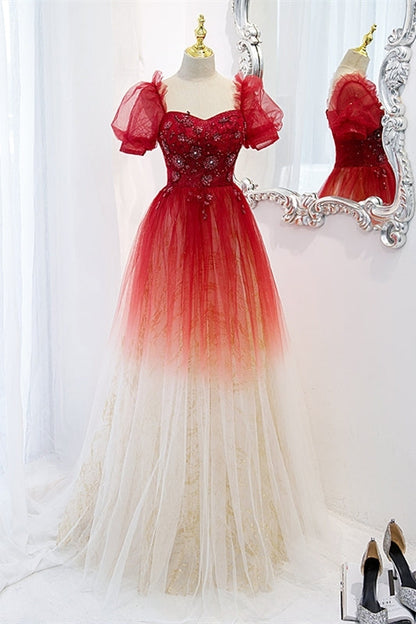 Red Ombre A-line Tulle Long Formal Dress with Short Sleeves