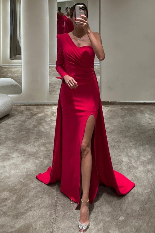 Red One Shoulder Prom Dress FrontAsymmetric Women Dress
