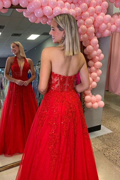 Red Plunging V-neck Beaded Lace Applique Long Dress