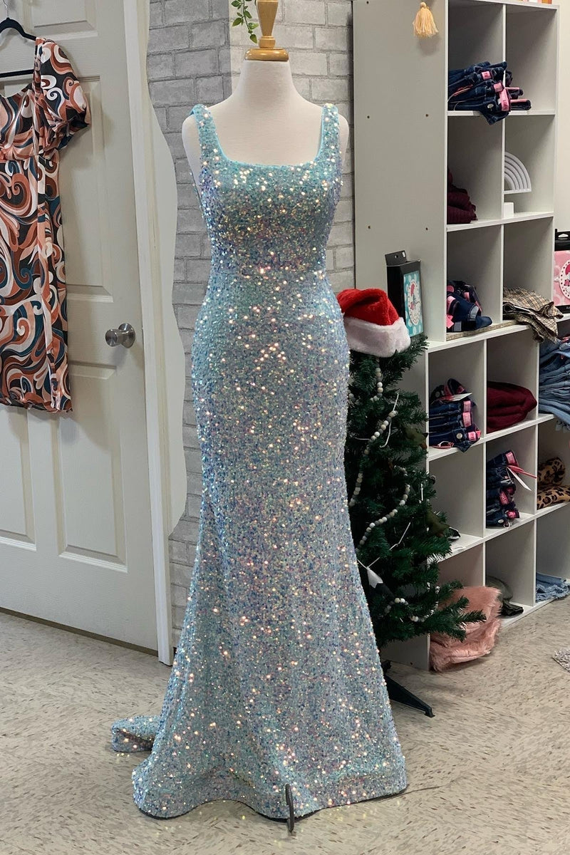 Red Sequin Square Neck Mermaid Long Formal Dress