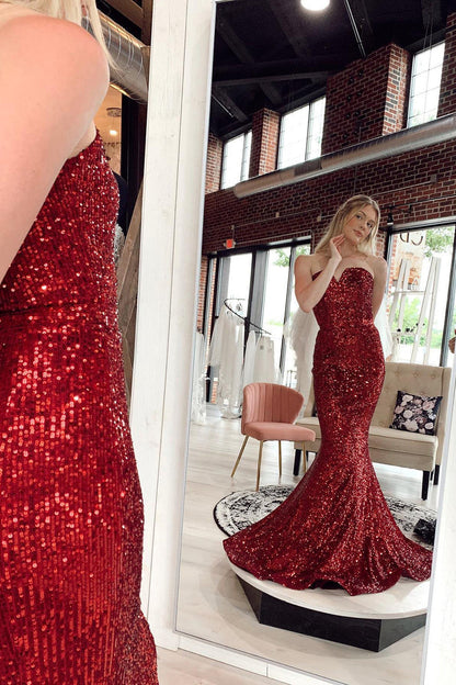 Red Sequin Strapless Mermaid Long Prom Dress