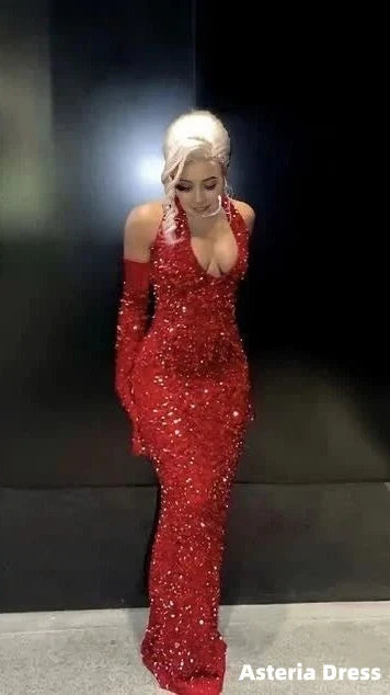 Red Sequins Long Prom Dress Sheath Deep V Neck Evening Dress
