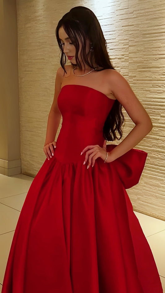 Red Strapless A-Line Prom Dress, Bowknot Senior Prom Dress, AST1744