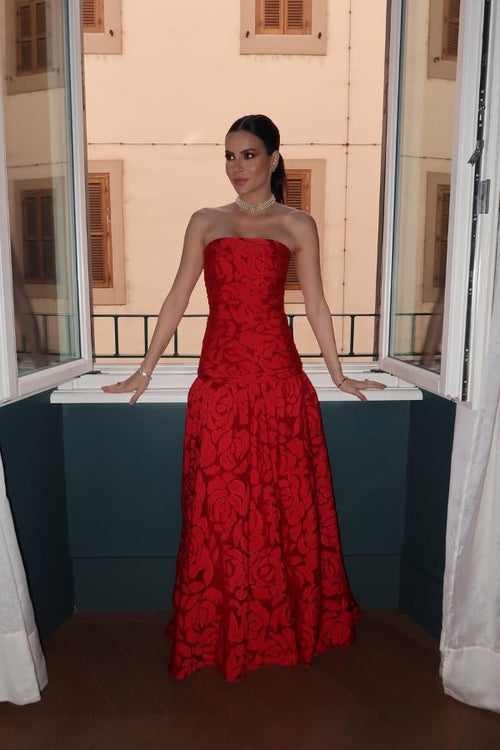 Red Strapless Straight Across Prom Dress A-Line with Flower