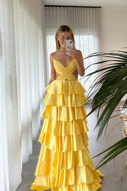 Red Straps Satin Cutouts A-line Ruffle Prom Dress