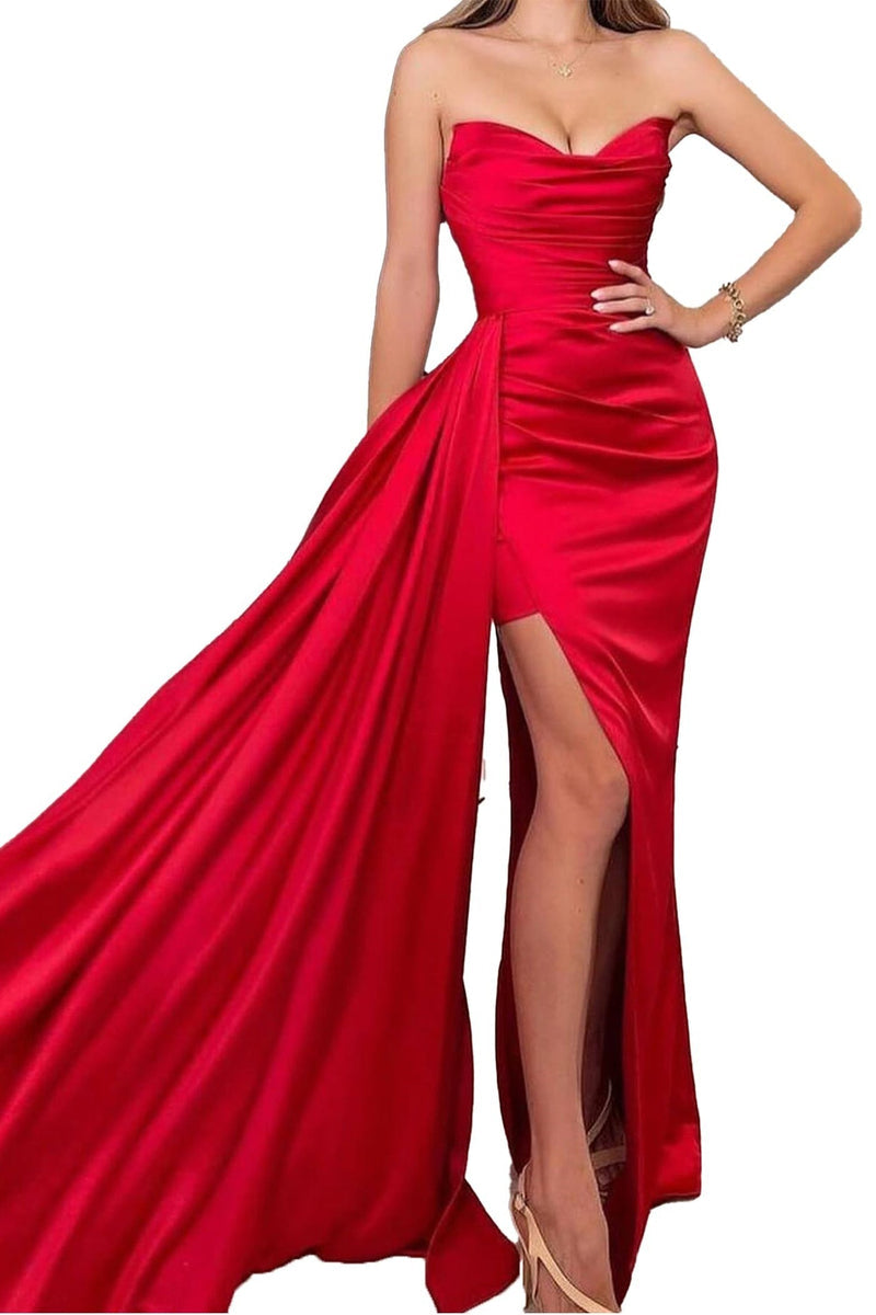 Red V Neck Prom Dress Sleeveless Slit with Trailing