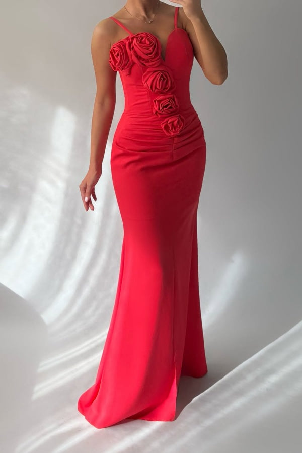 Redtti Strap V-Neck Mermaid Prom Dress Pleated with Flower