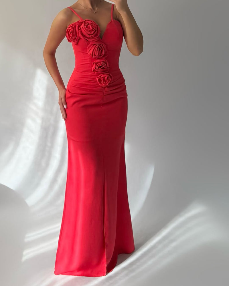 Redtti Strap V-Neck Mermaid Prom Dress Pleated with Flower