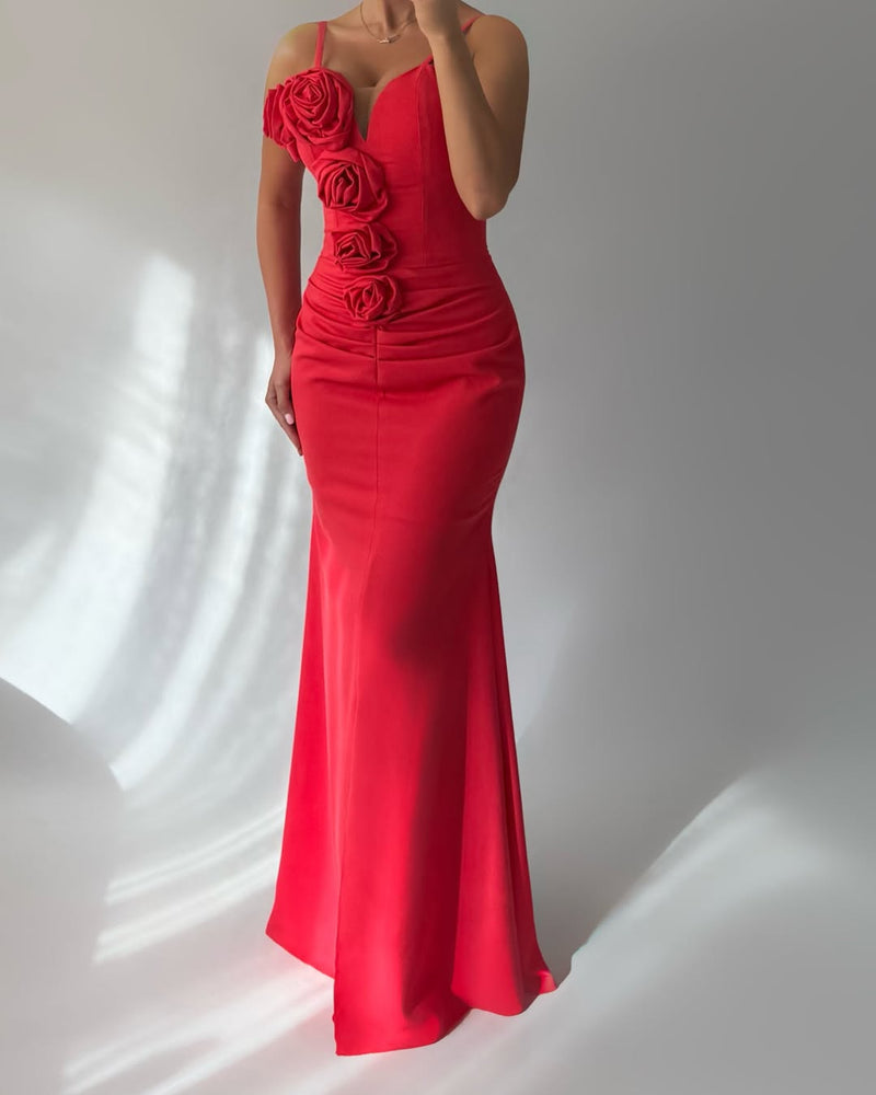 Redtti Strap V-Neck Mermaid Prom Dress Pleated with Flower