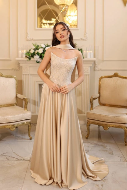 Refined Champagne Strapless A-Line Prom Dress Sleeveless Satin with Beaded