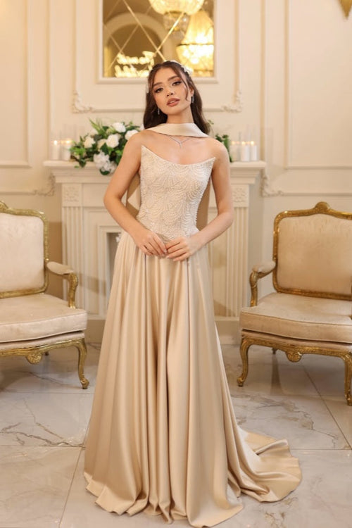 Refined Champagne Strapless A-Line Prom Dress Sleeveless Satin with Beaded