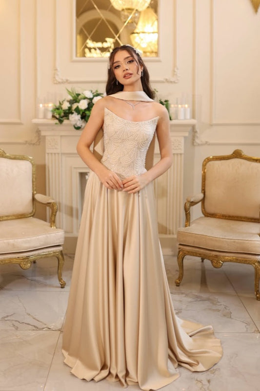 Refined Champagne Strapless A-Line Prom Dress Sleeveless Satin with Beaded
