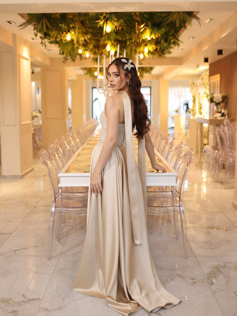 Refined Champagne Strapless A-Line Prom Dress Sleeveless Satin with Beaded