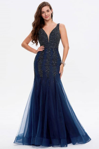 Refined Navy Wide Shoulder Straps Beaded Tulle Formal Prom Dress