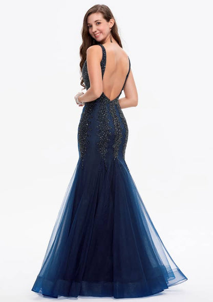 Refined Navy Wide Shoulder Straps Beaded Tulle Formal Prom Dress