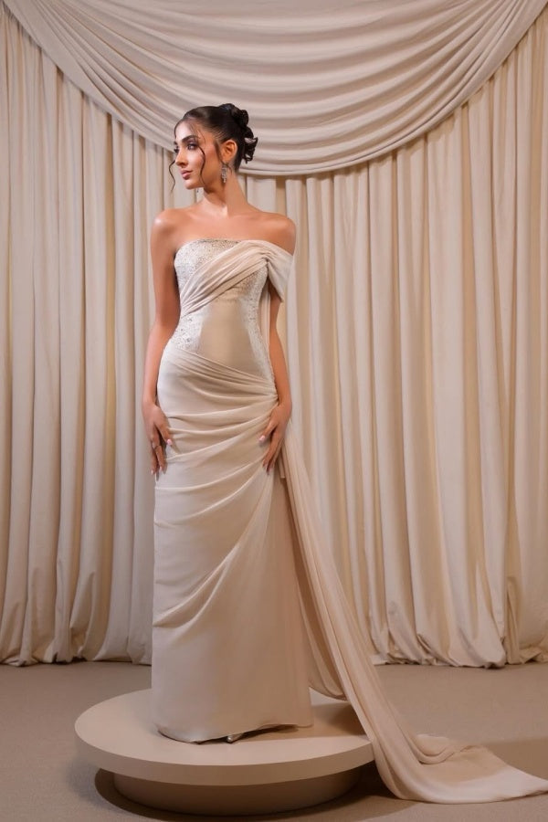 Refined Off-the-Shoulder Strapless Prom Dress Sleeveless Pleated with Beaded