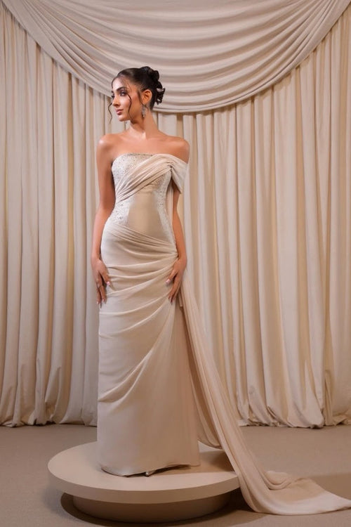 Refined Off-the-Shoulder Strapless Prom Dress Sleeveless Pleated with Beaded