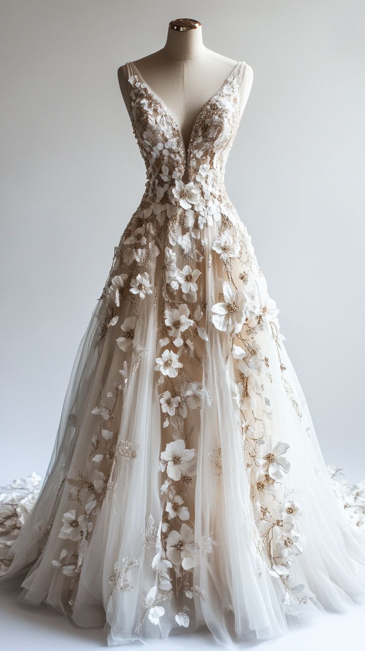 Retro A-line V-neck Tulle 3D Applique Wedding Dress Simple Beaded Evening Gown