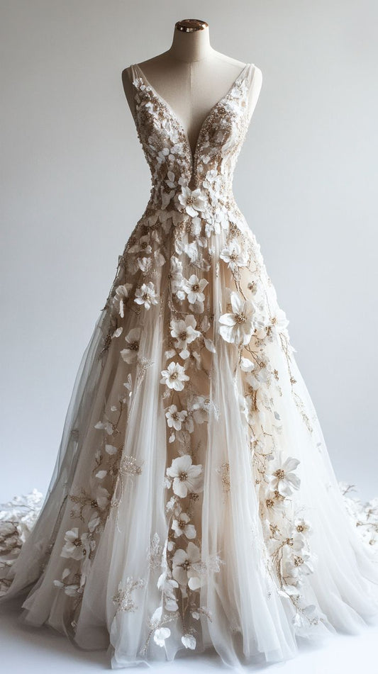 Retro A-line V-neck Tulle 3D Applique Wedding Dress Simple Beaded Evening Gown