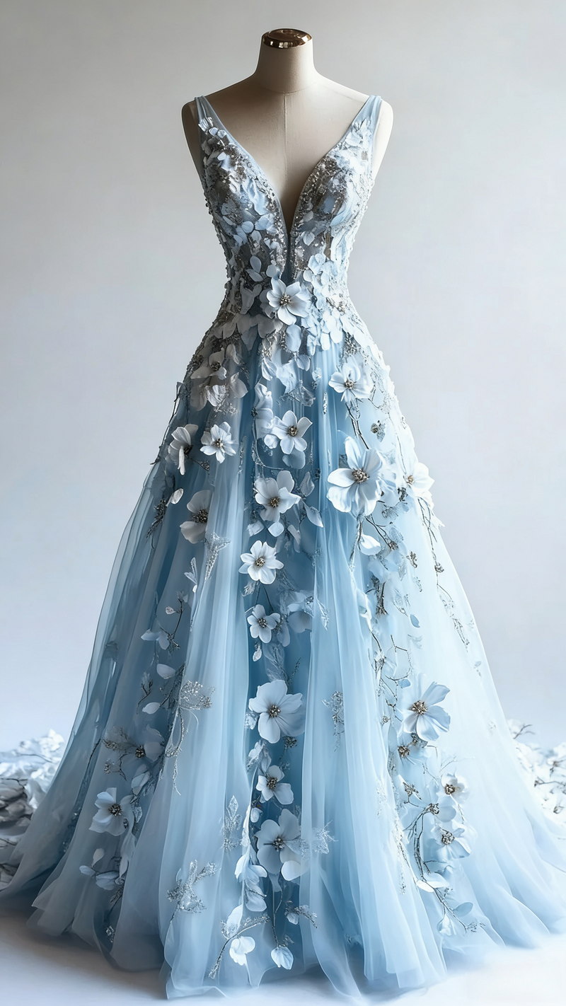 Retro A-line V-neck Tulle 3D Applique Wedding Dress Simple Beaded Evening Gown