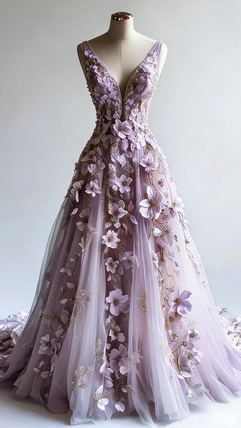 Retro A-line V-neck Tulle 3D Applique Wedding Dress Simple Beaded Evening Gown