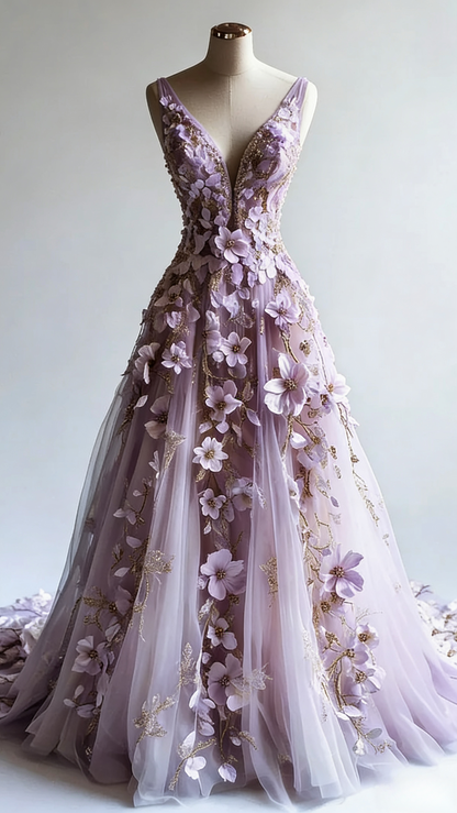 Retro A-line V-neck Tulle 3D Applique Wedding Dress Simple Beaded Evening Gown