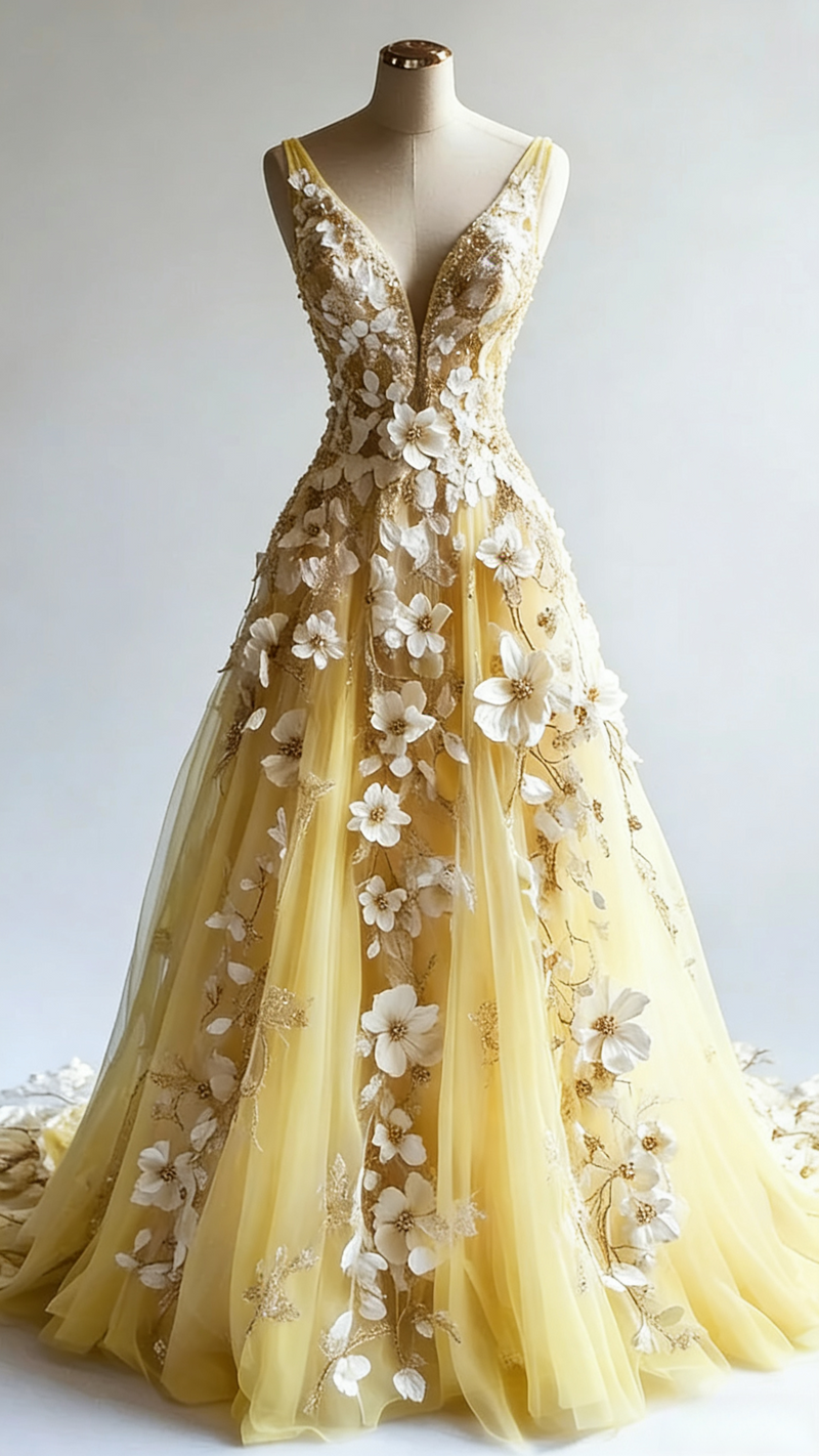 Retro A-line V-neck Tulle 3D Applique Wedding Dress Simple Beaded Evening Gown
