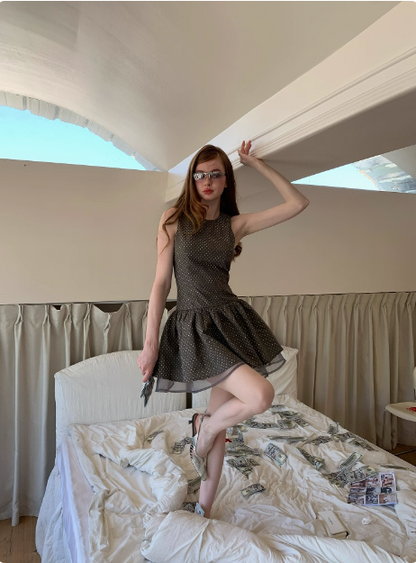Retro Grey Polka Dot Sleeveless A-line 17th Birthday Homecoming Dress