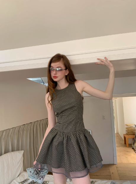 Retro Grey Polka Dot Sleeveless A-line 17th Birthday Homecoming Dress