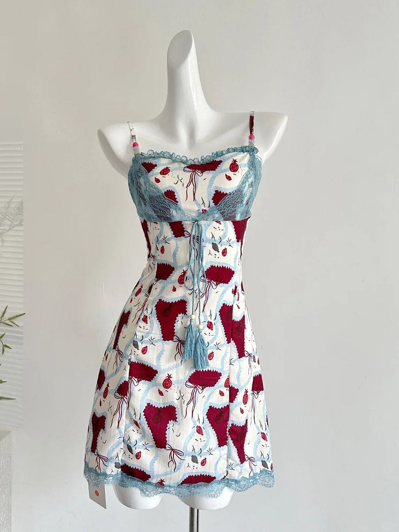 Retro Red White And Blue Contrast Print Slim Fit Mini Birthday Dress Homecoming Dress