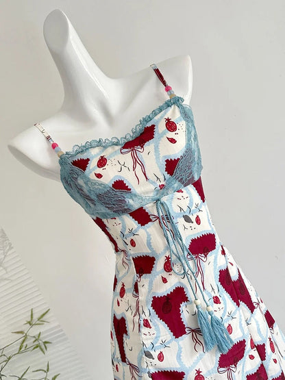Retro Red White And Blue Contrast Print Slim Fit Mini Birthday Dress Homecoming Dress