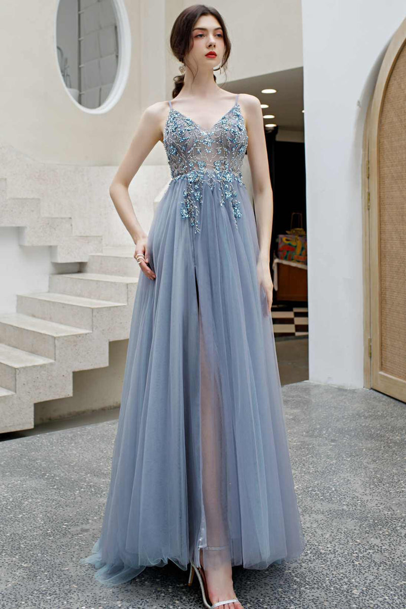 Rhinestons Blue A-line Tulle Formal Dress