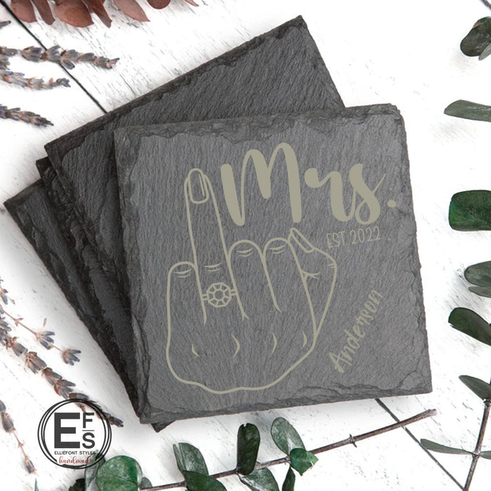 Personalized MR & MRS slate coasters engraved with raised ring finger and couple’s last name for wedding gift