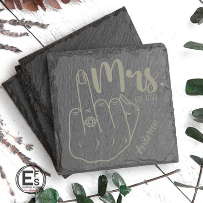 Personalized MR & MRS slate coasters engraved with raised ring finger and couple’s last name for wedding gift