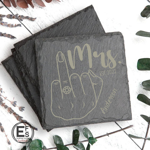 Personalized MR & MRS slate coasters engraved with raised ring finger and couple’s last name for wedding gift