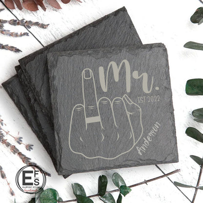 Custom engraved anniversary coaster set for couples featuring MR & MRS and raised ring finger