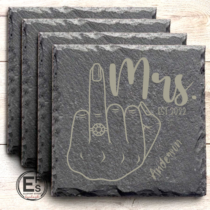 Handcrafted bridal shower gift personalized slate coasters with MR & MRS design and last name