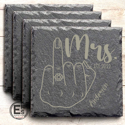 Handcrafted bridal shower gift personalized slate coasters with MR & MRS design and last name
