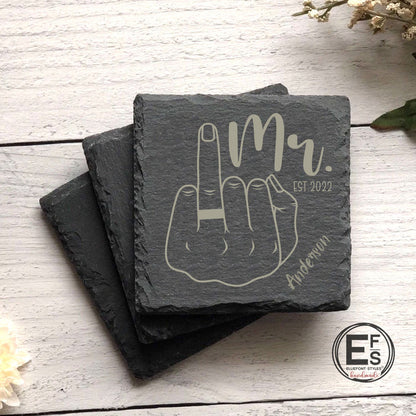 Unique newlywed engraved slate coasters with MR & MRS and raised ring finger for home décor