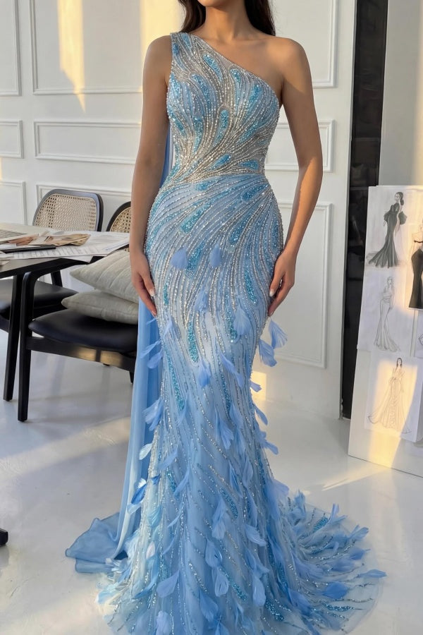 Romantic Blue One Shoulder Mermaid Prom Dress Beaded with Feather