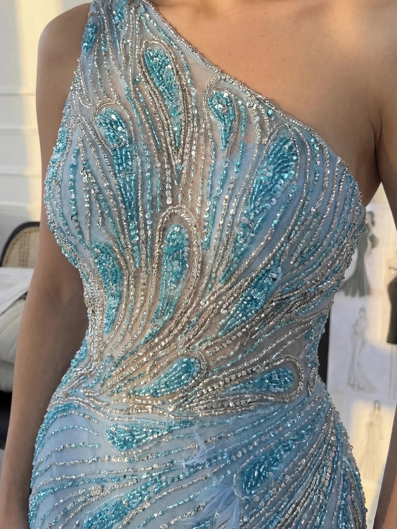 Romantic Blue One Shoulder Mermaid Prom Dress Beaded with Feather