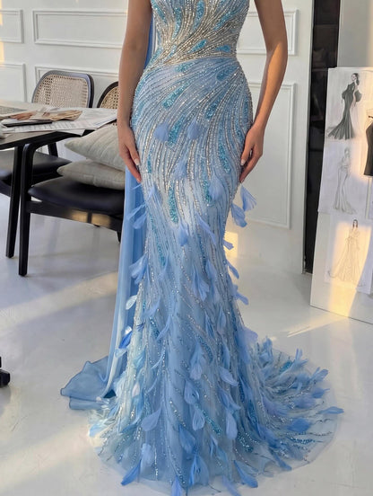 Romantic Blue One Shoulder Mermaid Prom Dress Beaded with Feather