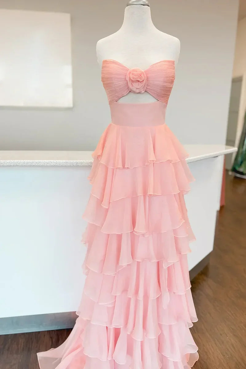 Romantic Blush Pink Strapless Chiffon Tiered Prom Gown for Formal Evenings