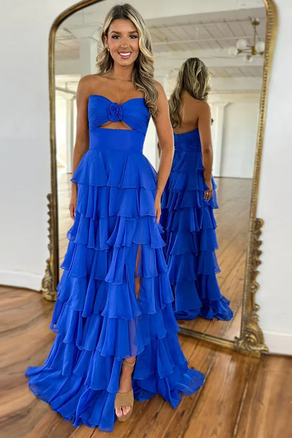 Romantic Blush Pink Strapless Chiffon Tiered Prom Gown for Formal Evenings