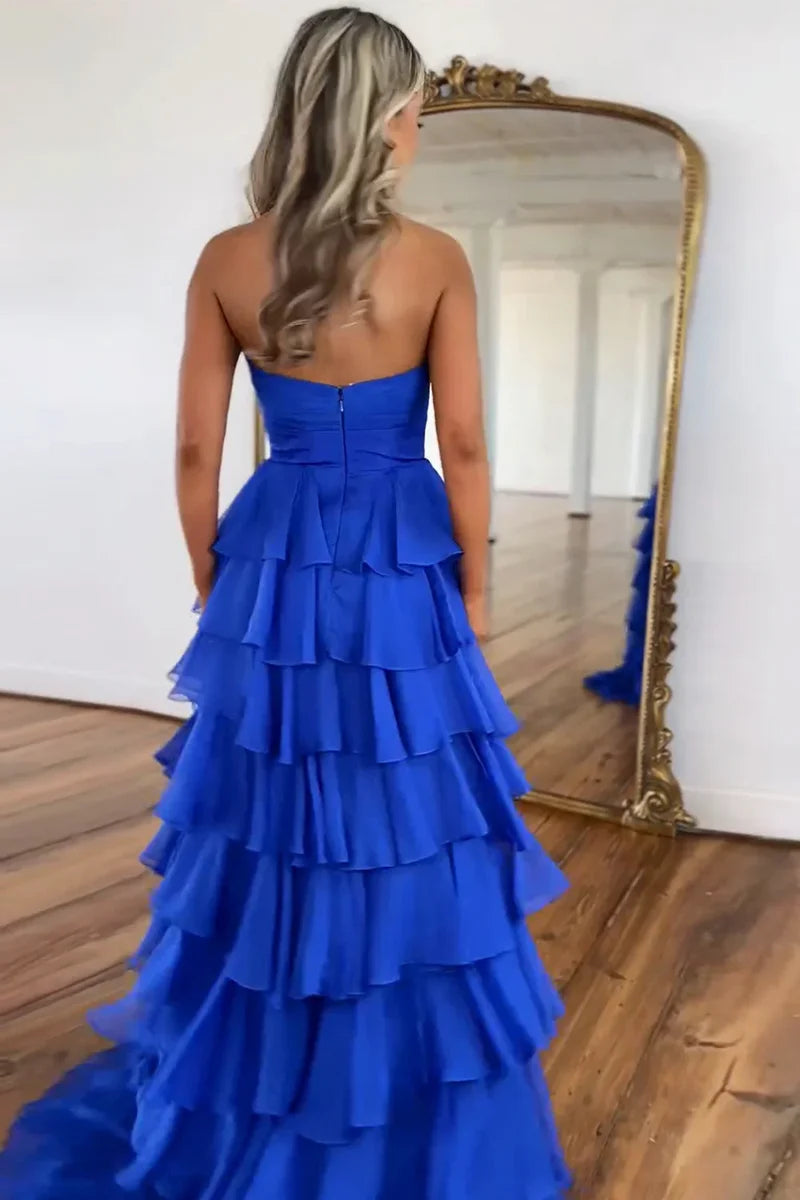 Romantic Blush Pink Strapless Chiffon Tiered Prom Gown for Formal Evenings