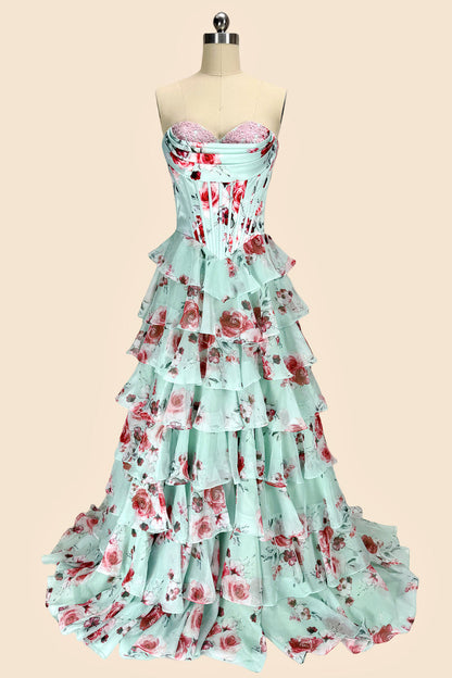 Romantic Floral Print Sweetheart Corset Prom Dress with Layered Skirt