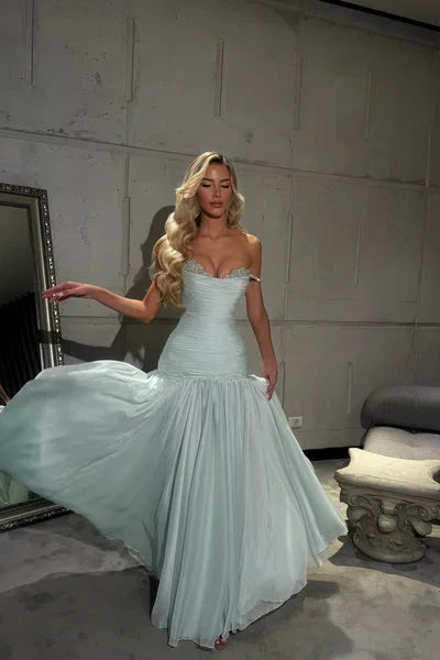 Romantic Off-The-Shoulder Chiffon Sleeveless Prom Dress Beads Pleats With Zipper