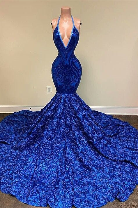 Royal Blue Halter Sequin Prom Dress Mermaid with Flowers Appliques