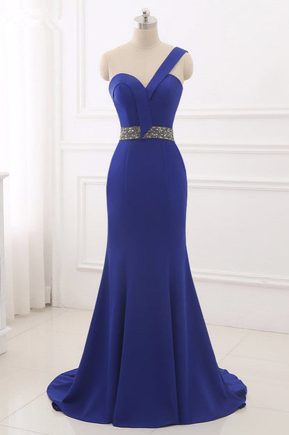 Royal Blue One Shoulder Sleeveless Mermaid Prom Dress with Beadsstones