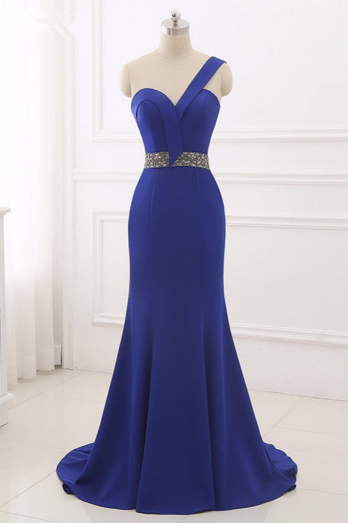Royal Blue One Shoulder Sleeveless Mermaid Prom Dress with Beadsstones